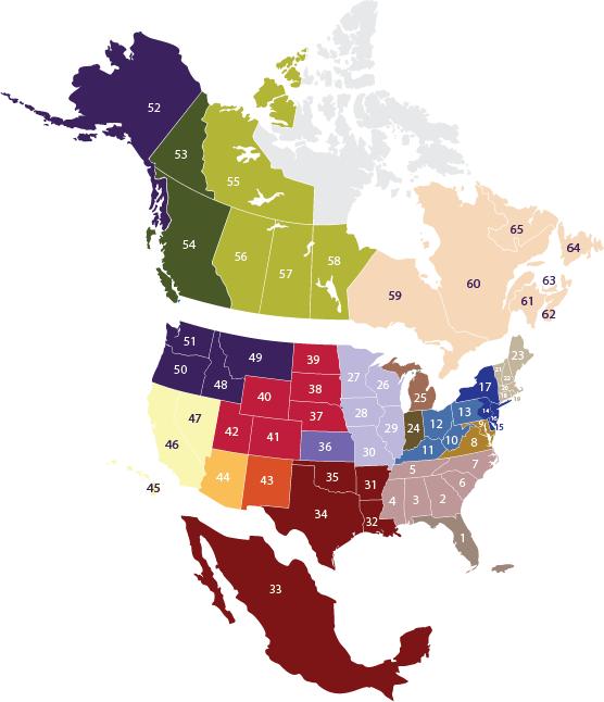 Map of North America showing IMSA Sections by region for transportation public safety professionals in the United States and Canada